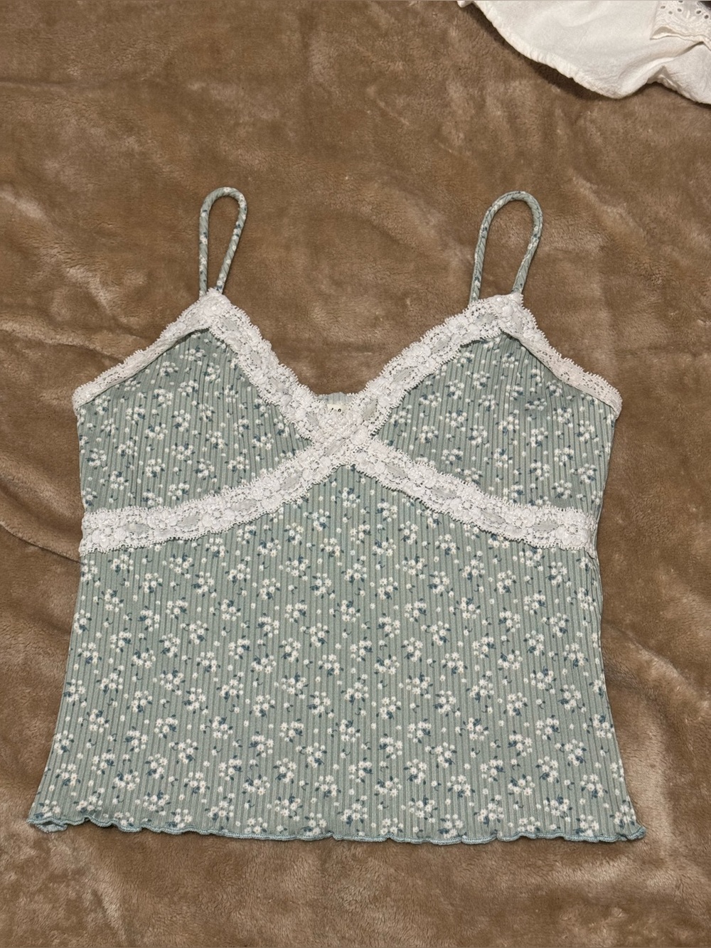 Green Floral Lace Trim Cami Top